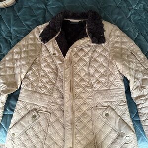 Weatherproof Women's Cream Quilted Puffer Jacket with Black Faux Fur Collar